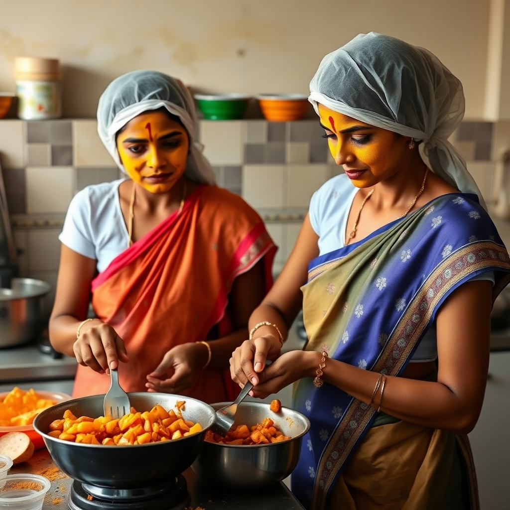 2 slim, 30-year-old Indian maids with hair coverings. They are cooking food in the kitchen. Their faces are covered with turmeric face mask.