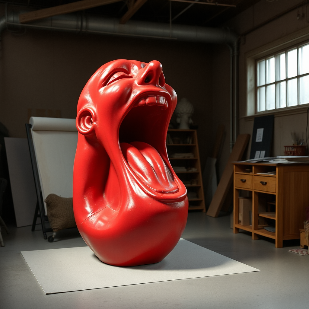 a red sculpture, yawning, studio.