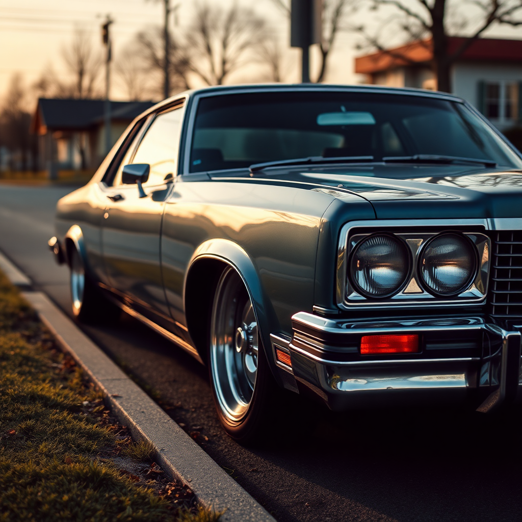 the car is parked on the side of the road, inspired by Taiyō Matsumoto, tumblr, restomod, nd4, c4 metallic shine classic american low rider car