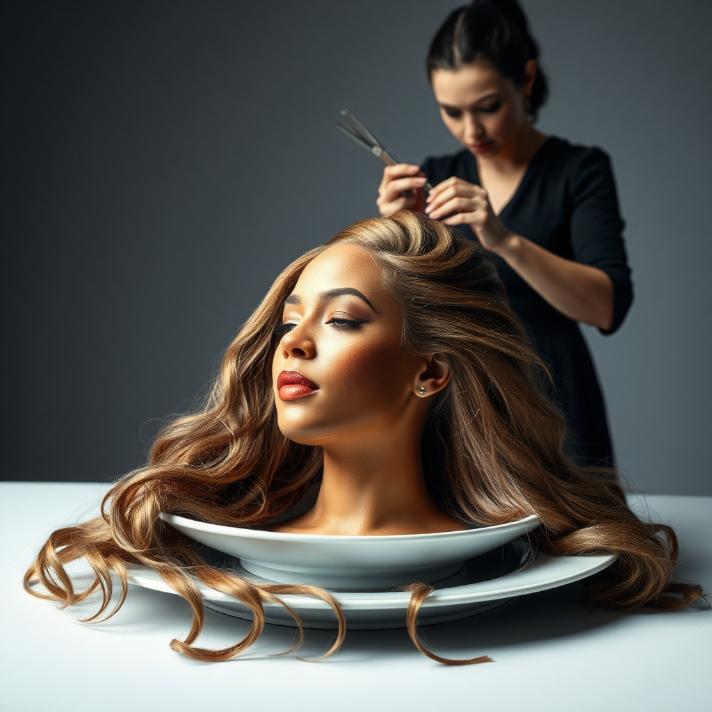 In a surreal and provocative scene, a beautifully tethered, disembodied head of Beyoncé rests gracefully on an elegant porcelain plate, her long, luxurious hair cascading like a waterfall of silky strands around the edges, creating a striking contrast against the stark, muted gray background. The sheen of her skin glows softly, exuding an air of ethereal beauty, while her chin rests delicately on the plate, poised and serene. Behind her, a skilled hairdresser, clad in chic black attire, stands with a focused expression, gently teasing and arranging her magnificent hair with nimble fingers, creating intricate patterns that defy gravity. The atmosphere is oddly intimate yet surreal, blending an appreciation of beauty with an unsettling twist, as soft light casts subtle shadows, enhancing the textures of both hair and porcelain. The air is filled with a quiet stillness, broken only by the subtle sound of the hairdresser’s scissors snipping rhythmically and the faint fragrance of hair products mingling with the cool air, heightening the unusual but captivating atmosphere of the scene.