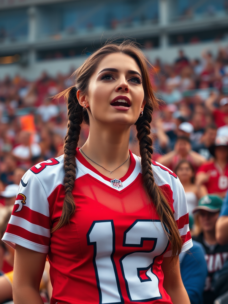 Attractive female NFL fan, pigtail hair, jersey, large breasts, reacting to intense moment, crowded stadium bleachers