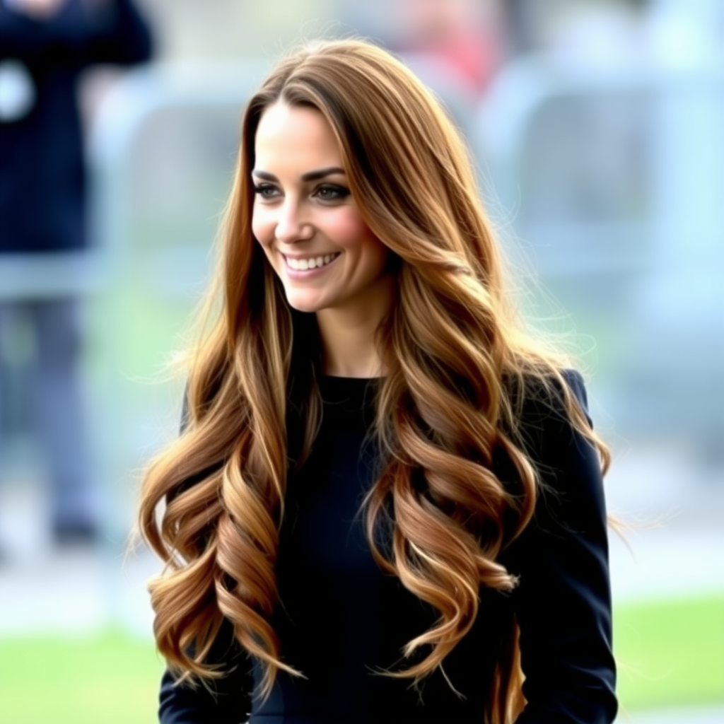 Beautiful very long haired Kate Middleton wearing her very long hair as a dress.