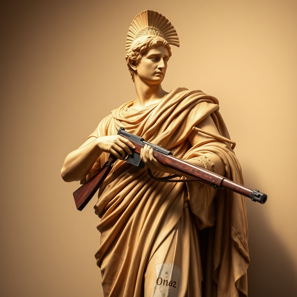 Art. Roman statue with a rifle in the same color as the statue posing.