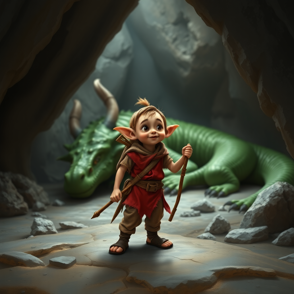 A realistic shot of a small, skinny, light brown, kobold in a tattered red tunic and dirty brown pants wearing a quarterstaff on his back who is excited to see a large sleeping green dragon in a cave.