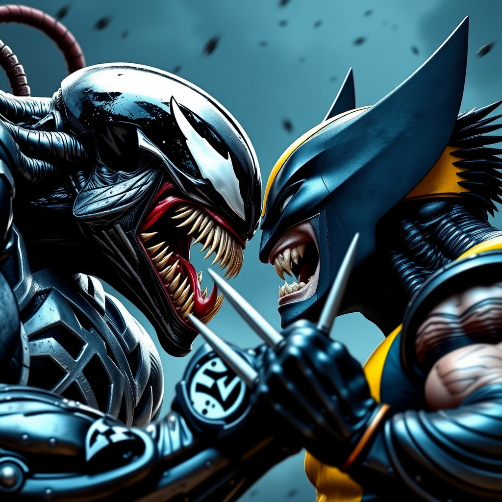 On a comic book cover is Venom Vs Wolverine in Cinematic Real3d photo-realistic quality.