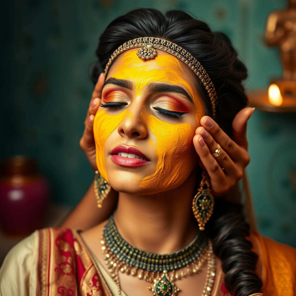 young cleopatra, working in beauty parlour, giving turmeric facial to rich, traditional indian wife