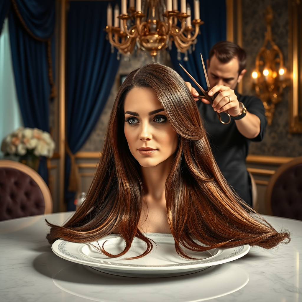 In a bizarre, surreal tableau, the polished surface of an elegant dining plate cradles the disembodied head of a strikingly beautiful Kate Middleton, her long, flowing hair cascading like a glossy waterfall of deep chestnut and honey highlights. The hair is luxuriously arranged, strands shimmering under the soft, ambient light that bathes the scene in an ethereal glow. Surrounding her head is an opulent, lavishly decorated dining room, rich with plush, velvet drapes in royal blue and golden accents that invoke a sense of grandeur.

A skilled hairdresser, clad in a sleek black apron, stands poised with a pair of gleaming scissors, carefully trimming the endlessly luxurious locks that frame Kate's serene, almost ethereal features. The air is thick with the scent of salon products mingling with delicate hints of floral fragrances, creating an unusual yet strangely inviting atmosphere. The hairdresser's focused expression reveals a meticulous dedication as snippets of hair fall gracefully onto the pristine plate, echoing a sense of both artistry and absurdity.

In the background, an ornate chandelier glimmers overhead, casting intricate shadow patterns on the richly textured walls, enhancing the surreal elegance of the scene. The overall emotional tone conveys a dreamlike quality, inviting viewers to ponder the juxtaposition of beauty, identity, and the bizarre circumstances that bind them in this extraordinary moment.