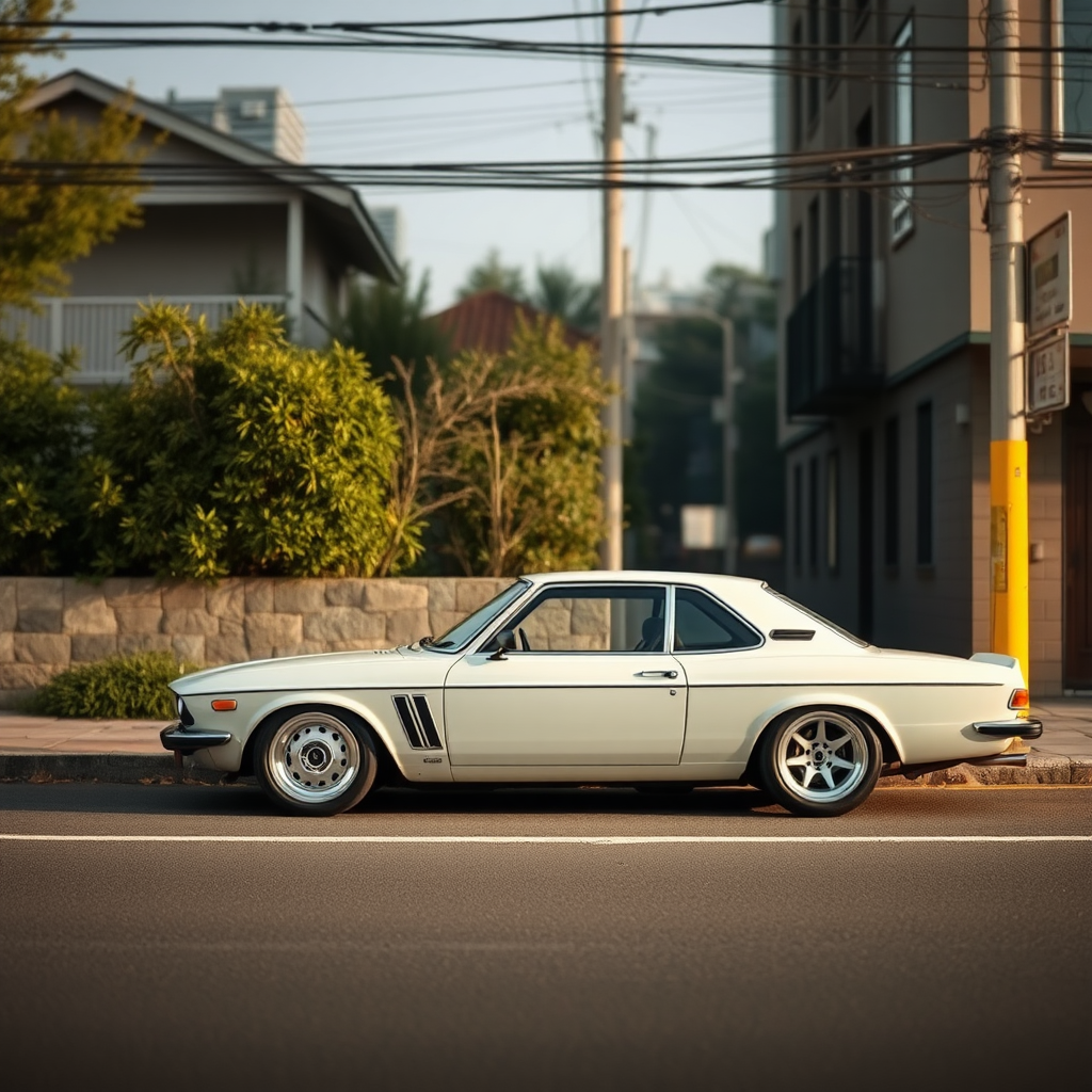 the car is parked on the side of the road, inspired by Taiyō Matsumoto, tumblr, restomod, nd4, c4