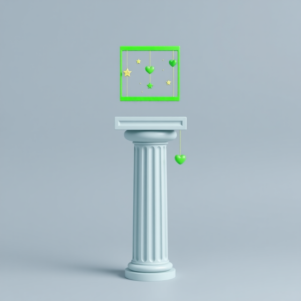 A minimalistic Greek column with the traditional fluted design for the bottom part. On top of the column is a vibrant, neon green rectangle serving as the capital. Hanging from the rectangle are cute, quirky objects, all in the same bright green color, such as tiny hearts, stars, and abstract shapes. The composition blends a surreal, cute, and weird aesthetic while maintaining a simple, minimal style.