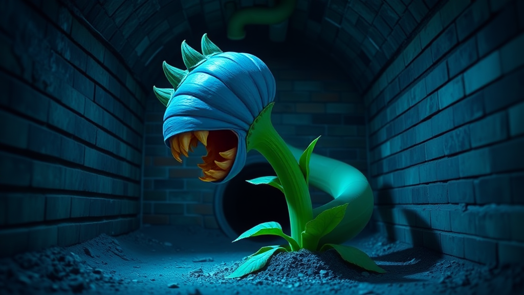 Interior. low depth of field. Underground scene with brick walls and floor. Blue tinted lighting. a large green drain pipe sticks out of the ground. growing out of the pipe opening, a monster with the head of a blue flower bulb, large mouth with pointy yellow teeth. Its body is a green flower stem with green leaves.