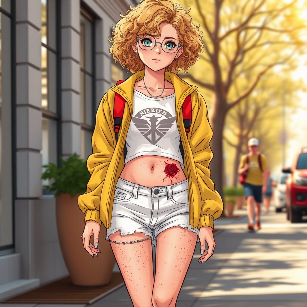 Realistic drawing style image, Extremely good quality 8k resolution drawn manga image of a 15 year old petite and short tomboy girl with golden blonde curly hair with mixed and different colored eyes for each eye and moles on her entire body and is a white American girl, Has on a Gold Jacket over a white extremely short crop top only covering her breasts and nothing more with a design on it, and has on ripped shorts and cool looking sneakers and a deep and big knife cut wound on her stomach from a huge injury she had, with a bright color backpack, ear piercings on, walking on the street to school in the morning with the beautiful sunlight lighting up her body beautifully with no tattoos.