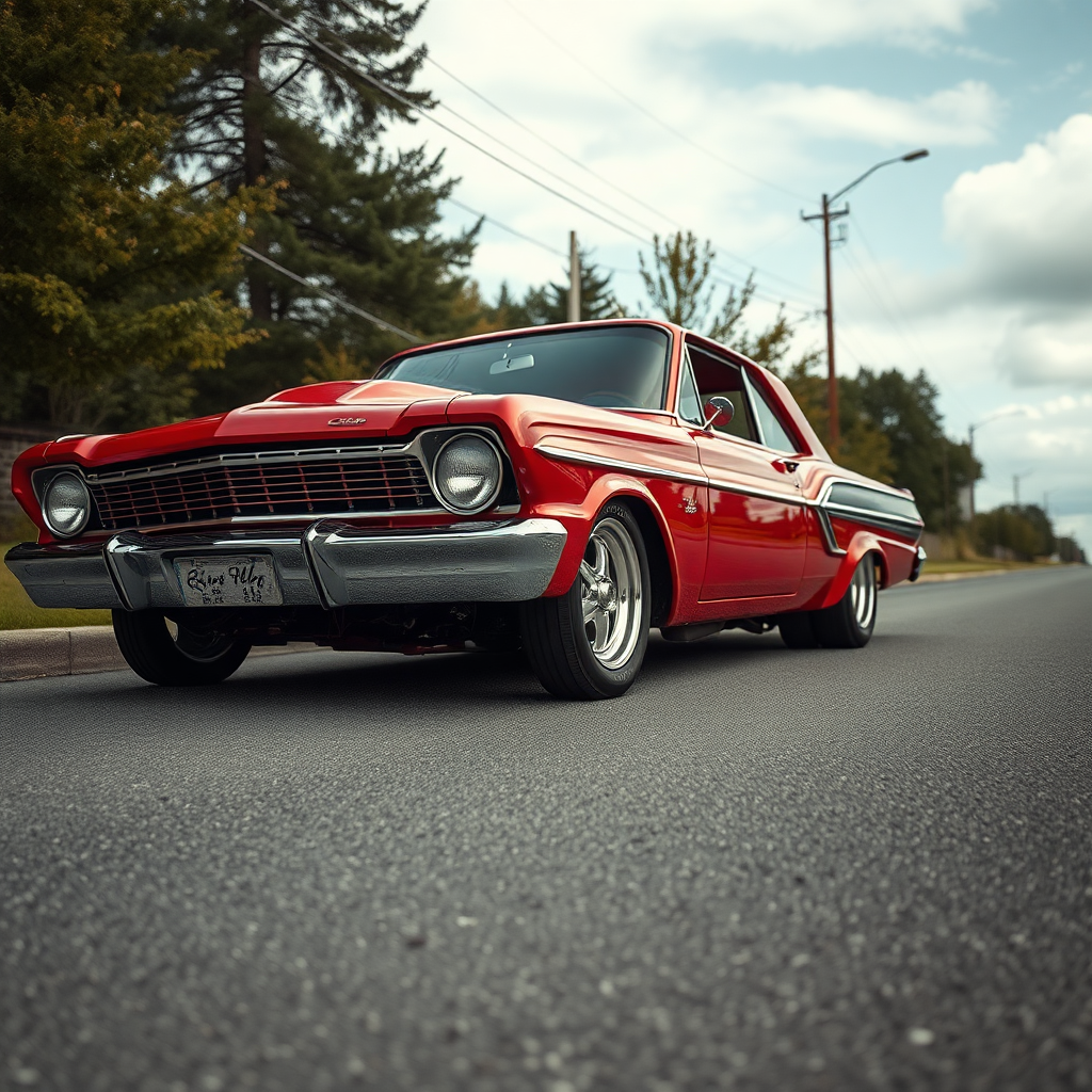 The drag car is parked on the side of the road, inspired by Taiyō Matsumoto, tumblr, restomod, nd4, c4 metallic shine candy red classic american low rider custom ford