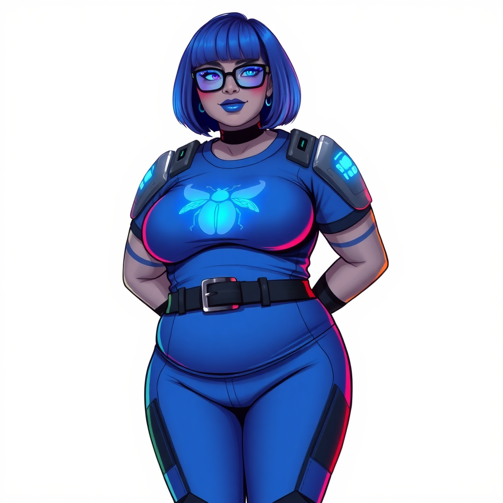 A 28-year-old, full-figured, middle gray skinned computer program hybrid with a maximum blue bob cut. She has a non-athletic build, highlighted by a prominent, round, large midsection (with emphasis on her belly), which shows the aftermath of her pampering. As the heavily pampered digital sidekick to her cyberpunk vigilante boyfriend, her middle gray metallic skin and maximum blue lipstick emphasize her digital nature. She wears a digital, computerized costume inspired by DC’s Carrie Kelly Robin, consisting of a huge, tight-fitting, maximum blue t-shirt with a neon blue glowing chest icon of a beetle, hi-tech shoulder pads with neon blue accents, a black hi-tech belt with a digital neon blue glowing buckle, digital maximum blue biker pants with neon blue accents, and black hi-tech fingerless biker gloves with neon blue glowing accents. Her neon blue glowing eyes, black eyeglasses with a neon blue glowing HUD built into the lenses, and shy smile with neon red blush accentuate her nerdiness. She stands bashfully with her hands behind her back, her costume covering all her skin and emphasizing her full-figured physique (especially her belly). She is clearly non-athletic, with a focus on her full-figured physique. Despite her build, she radiates beauty. She has a slim face compared to her physique, accentuating her radiant beauty. She is on a solid white background. She is drawn as if she were in a retro 2D cyberpunk fighting game.