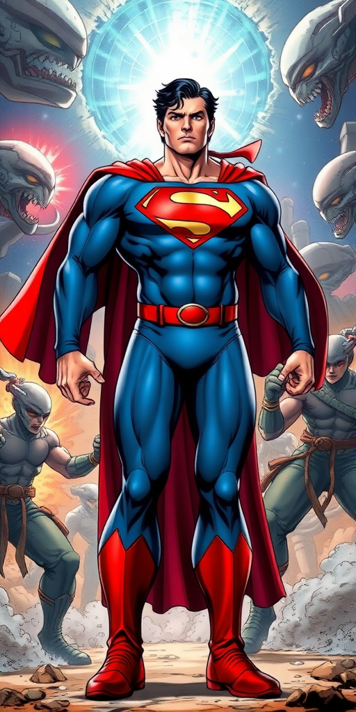 Create a full-length, highly detailed image of Superman with the body of Chun-Li, from the Street Fighter video game, standing in a dynamic battle scene. Superman, appearing surprised and bewildered, maintains his iconic red cape and "S" emblem but has Chun-Li's feminine build and blue outfit. He stands amidst an intense showdown with alien forces, the backdrop featuring a dramatic rip in the cosmic fabric of the universe. The scene should blend comic book and video game art styles, emphasizing both the chaos of battle and the character's astonishment at his transformation.