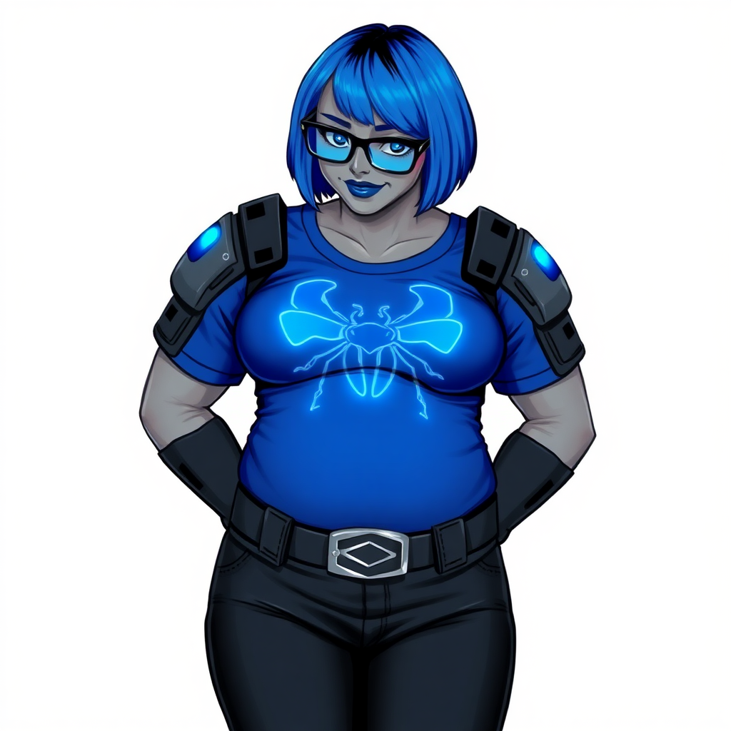 A 28-year-old, full-figured, metallic middle gray skinned cyberpunk computer program hybrid with a short maximum blue bob cut. She has a non-athletic build, highlighted by a prominent, round midsection (with a focus on her round belly). As a digital sidekick to her cyberpunk vigilante boyfriend, her middle gray metallic skin and maximum blue lipstick emphasize her digital nature. She wears a digital, computerized, costume consisting of a huge, tight-fitting, neon blue glowing armored, maximum blue t-shirt (accentuating her belly) with a neon blue glowing chest icon of a beetle, black pants, a black belt with a neon blue glowing digital beetle buckle, and black hi-tech gloves. Her bright blue eyes, black eyeglasses with lenses glowing bright neon blue, and shy smile with neon red blush accentuate her nerdiness. She bashfully bows her head (while still facing the screen) with her hands behind her back, her t-shirt covers her midsection (especially her belly) and emphasizing her full-figured, non-athletic physique. She is on a solid white background. She is drawn as if she was in a retro 2D cyberpunk fighting game. She is clearly non-athletic, with a focus on her full figure. Make sure her outfit covers all of her bare skin (especially her midsection).