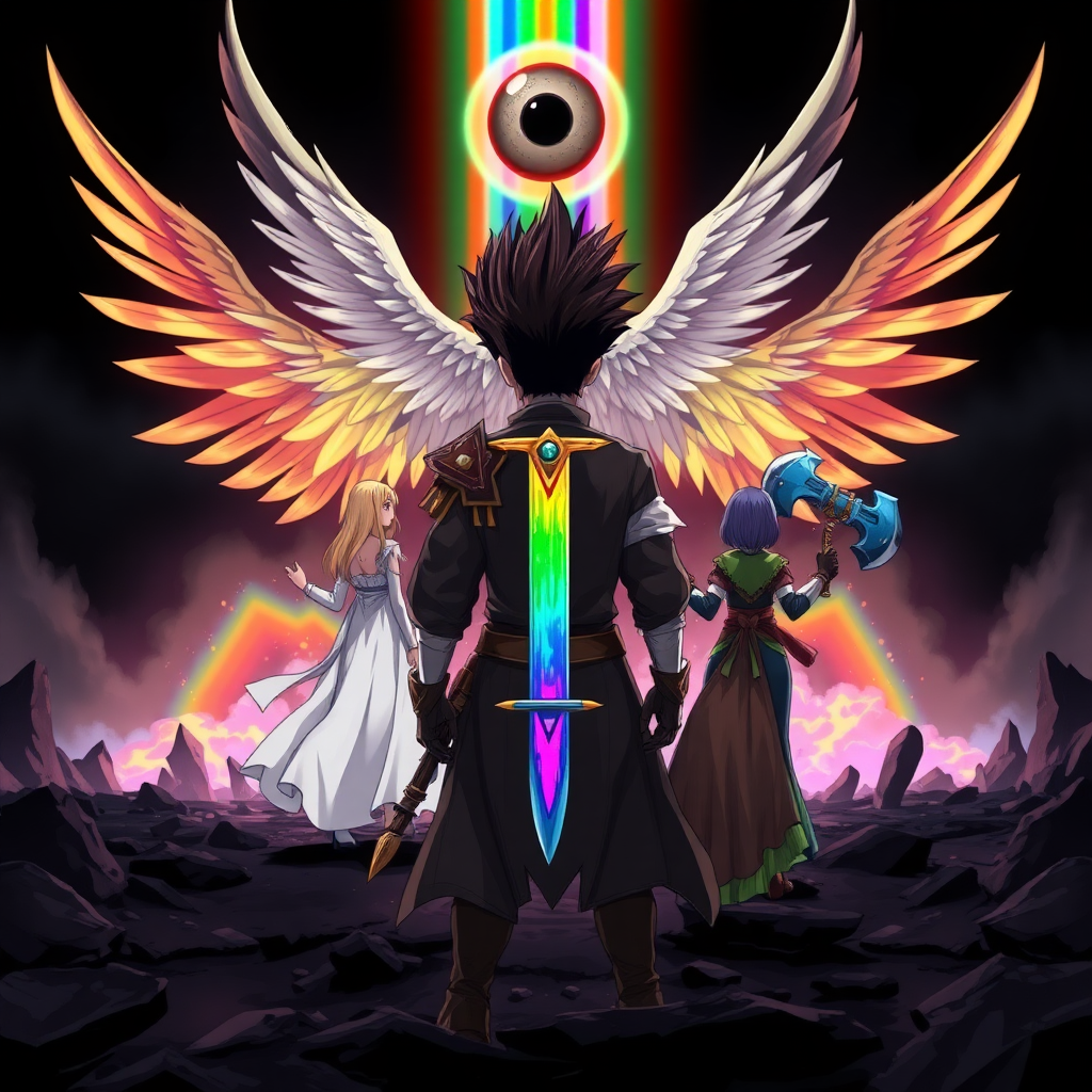 (Anime-styled art) Set against a dark black backdrop of a ruined world, a radiant, rainbow-like barrier shimmers with vibrant hues, illuminating the scene. At the center, a massive entity looms—an unsettling yet angelic figure with a single, malevolent eyeball. Its four wings are spread wide, and its gaze of the eye is fixed downward.

In the foreground, the badass backside view of a warrior with dark brown fohawk hair stands confidently, gripping a rainbow-colored flaming sword. Alongside him, three others stand ready backside: a mage with long blonde hair in flowing white robes, a fierce purple-haired warrior wielding a massive blue axe backside, and a woman with striking green hair and green-robes backside, completing the team as they face the menacing presence.