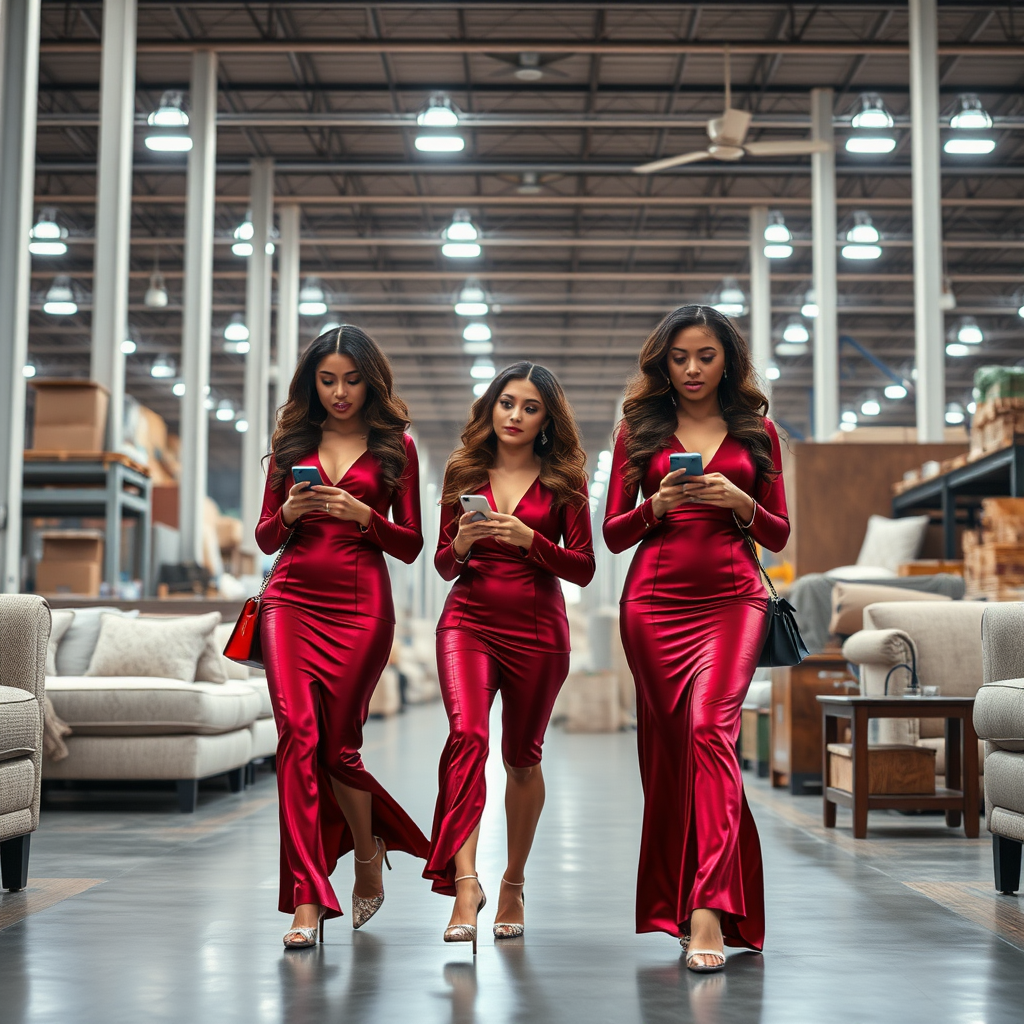 three sugababe lookalikes are shopping in a huge furniture warehouse and looking a bit lost - they are dressed in matching glamorous stage clothes so look a bit out of place - they are all walking along checking their phones - wide angle shot