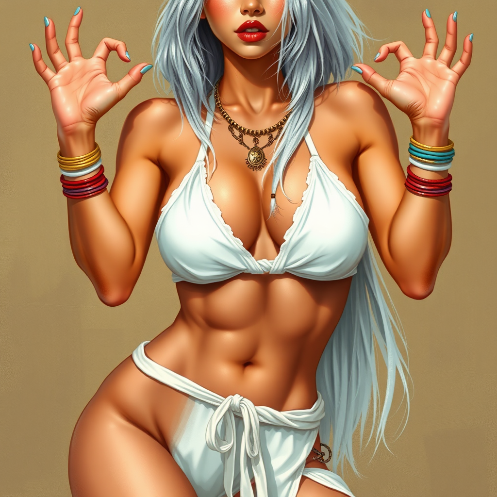 Girl, toned and muscular and has abs. short silvery flowing hair. Her fingers and toenails are painted sky-blue. Her attire consists of a white primitive scant revealing two-piece bikini-like outfit with pale red, sky-blue, gold and purple bands on her neck, arms, wrists, shins, and ankles. Tan skin. Asian face. Sexy exaggerated pose. Hands raised, exposing armpits. fantasy painting high contrast, well-drawn, highly detailed, and beautiful rendering.