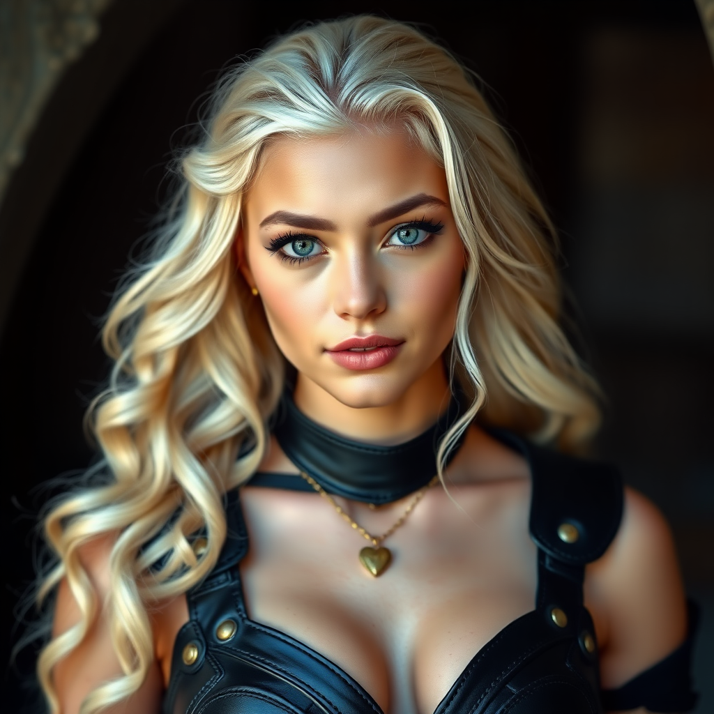 Portrait of a beautiful young woman with long wavy platinum blonde hair, green eyes, a suntan, light brown eyebrows, and large breasts. She is wearing black leather armor and a gold necklace with a small heart pendant.