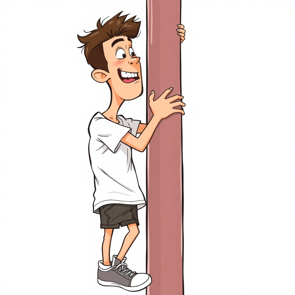 nervous short 20 year old european skinny man, short white t-shirt, standing, stunned, mesmerized, joyful, heavy drooling, heavy sweating, clinging, painfully climbing up a greased pole at the playground, side view, sneakers, detailed feet, 2D, caricature, cartoon, Sketch lines, coloring book, coloring book, colorful image,