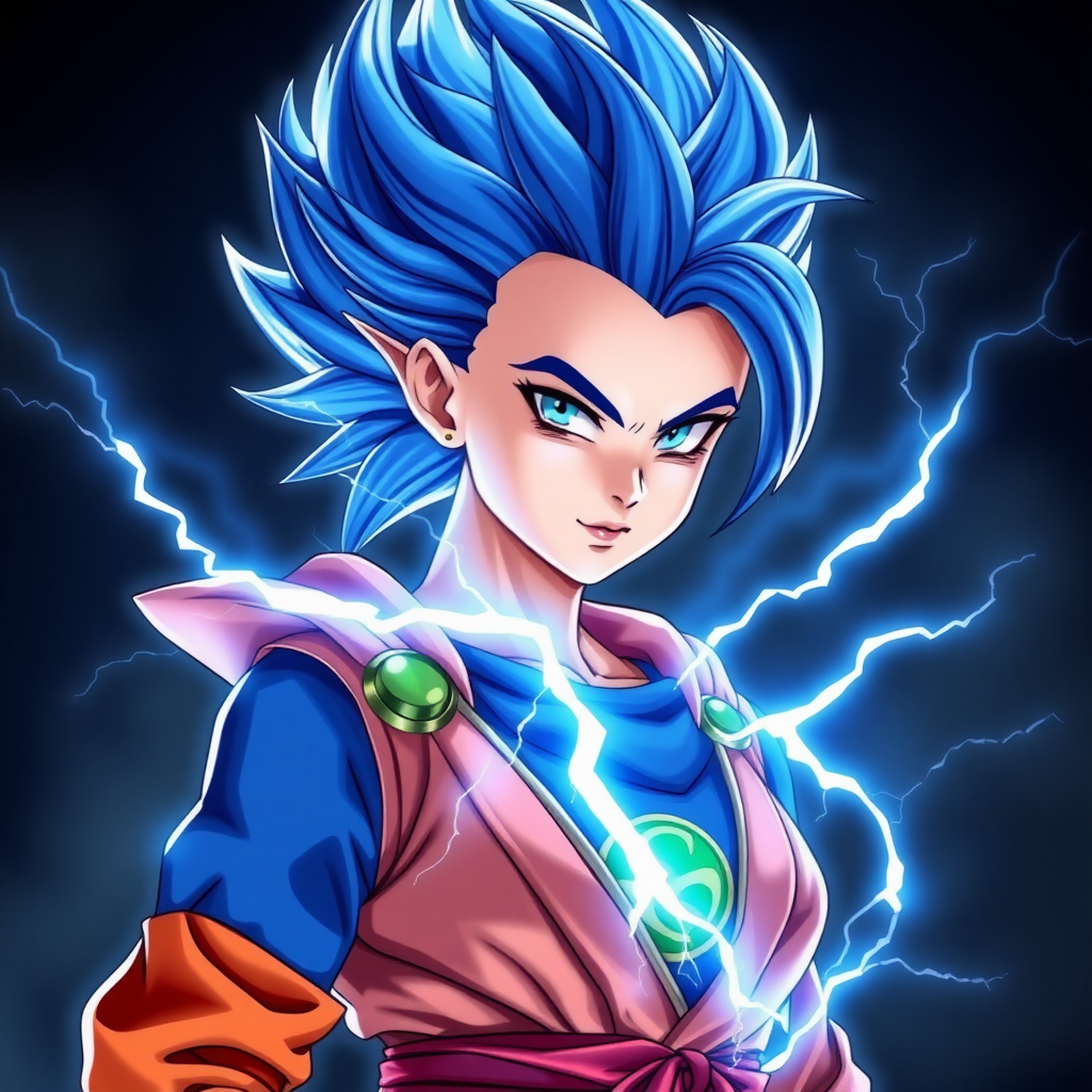 A female Super Saiyan Sacred clothing Hand-made style There is blue lightning in the hair Beautiful appearance