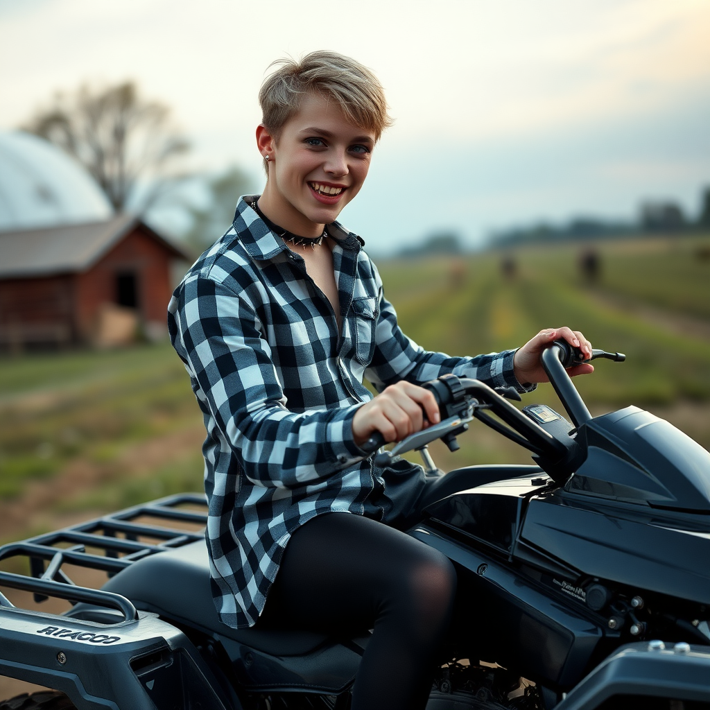 photorealistic, ultra high resolution, 16K, surreal fantasy, soft studio lighting, Tyler Swift is a pretty 14 year old goth male, slim male physique, blonde hair, blue eyes, vampire long canine teeth, goth makeup, earrings, shiny black pantyhose, stilettos, checked shirt, spikey neck collar chain, riding a quadbike on a farm during daytime, excited open mouth smile, bulging crotch, full body in wide view from side with Tyler facing the camera.