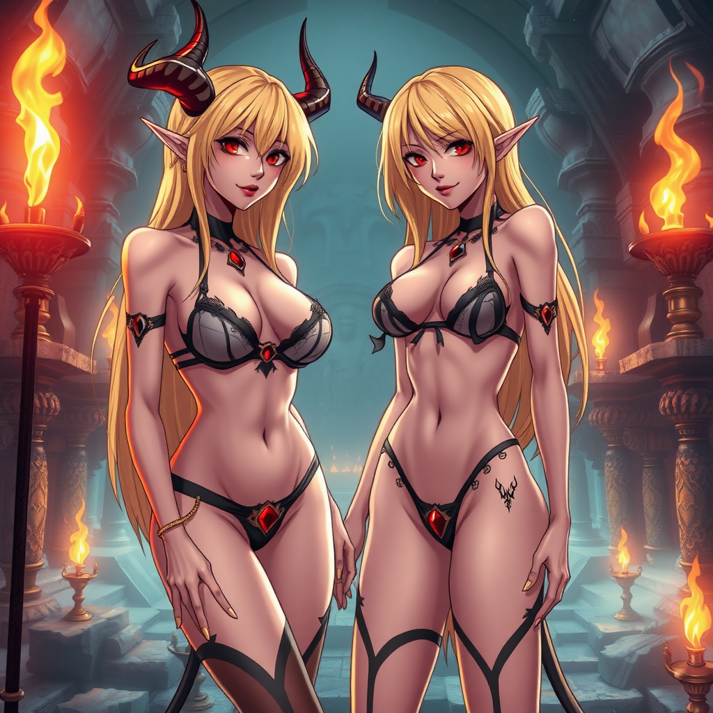 Anime, debaucherous hedonistic and thrilling ancient-sex temple with burning-torches, 2 mischievous tall-slender demon women right next to you, short blond hair, wearing sexy-micro bikini-bra-like clothing, 1 of them has long-blond hair and is wearing no bra but-red-gem tit covering her naked breast, red-lips, g-string, Womb tattoo on belly, mischievous smile, large breasts, full body, long legs, 