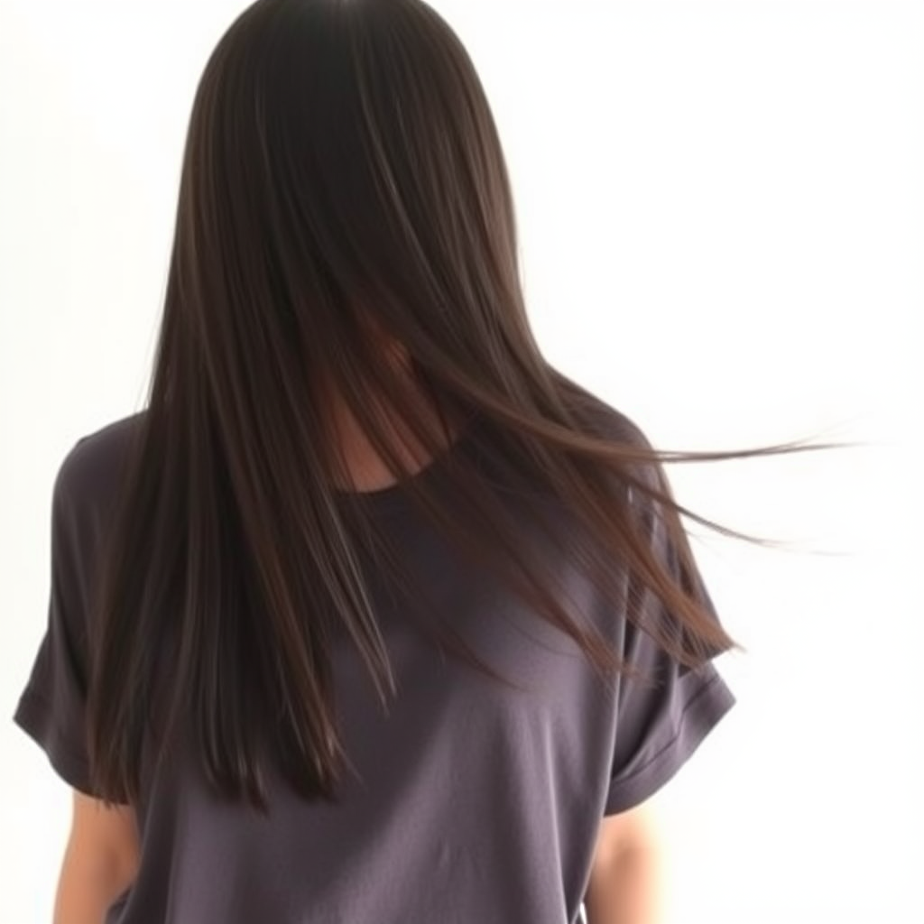 This image features a person with long, straight hair that cascades down the shoulders and back. The hair appears to be of a dark hue, possibly black or dark brown, with subtle highlights that give it a slight sheen. The person is wearing a simple, dark-colored top that drapes comfortably, suggesting a relaxed, casual style. The individual's facial features are not visible, which draws the focus to the hair and the top. The lighting in the image is soft and diffused, creating a gentle ambiance and contributing to the overall calm and serene mood of the photograph. The background is plain and nondescript, with a light, almost white color that fades into a soft blur, ensuring that the subject remains the central point of interest. The composition of the image, with the hair flowing across the frame, adds a sense of movement and grace to the stillness of the portrait.