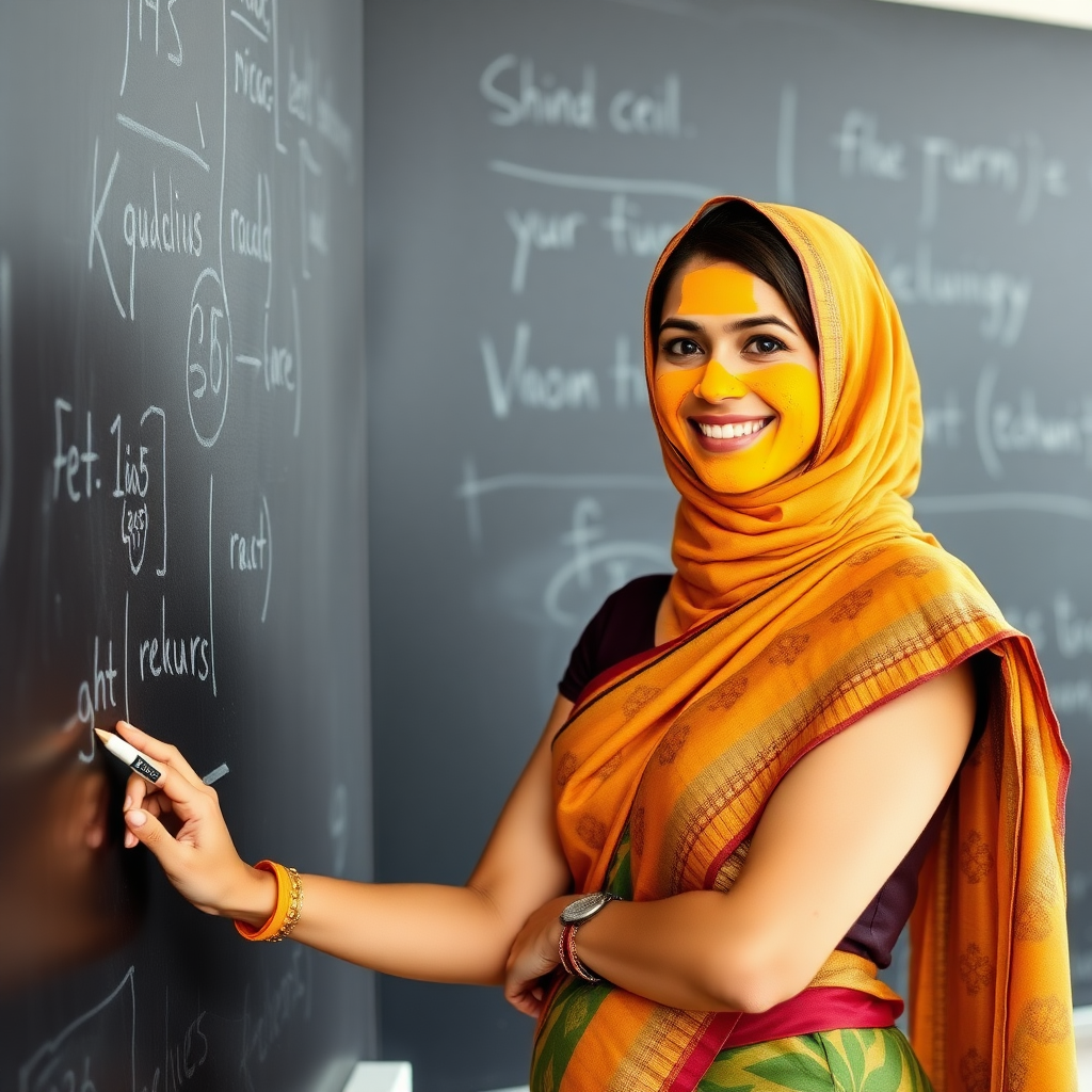 slim, 30 year old, sexy, french female school teacher, saree, scarf head, turmeric face mask. She is smiling and teaching on a blackboard