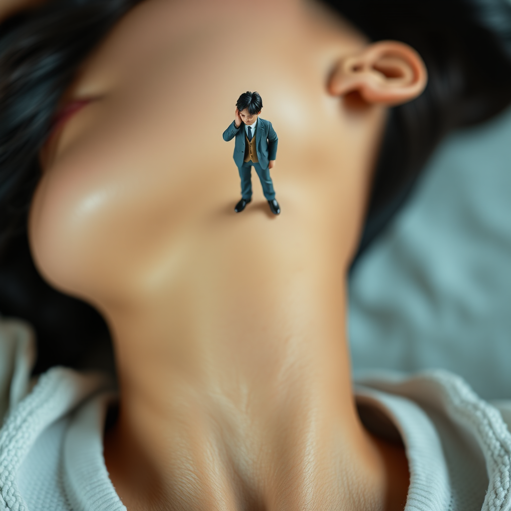 photograph side view Korean young woman lying down on her back. a 3-inch tall man stands on her collarbone, his expression is awed. emphasis on the woman's thick lips