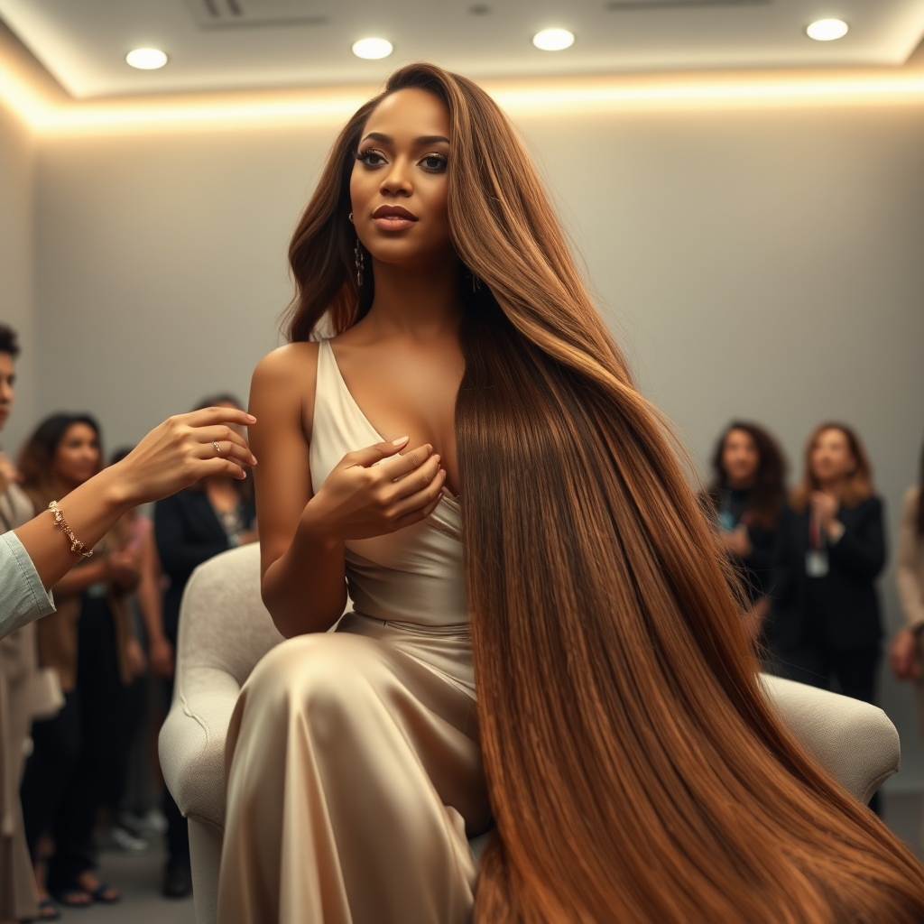 In an elegant, sunlit salon, adorned with soft, minimalistic decor, the stunning Beyoncé sits gracefully in a plush chair, her incredibly long, luxurious hair cascading like a flowing waterfall of silk down her shoulders and past her waist. The gentle glow of overhead lights highlights the rich, deep hues of her hair, each strand reflecting the brilliance of the space around her.

As an interactive long hair fetish performance art exhibit unfolds, curious visitors gather around, their eyes alight with fascination and excitement. Some eagerly reach out, gently grasping her hair between their fingers, feeling the smooth texture slip through their hands, while others playfully tug at it, testing the boundaries of their interactions. Each movement is accompanied by a symphony of soft gasps and murmurs of appreciation, enhancing the atmosphere of intimacy and connection.

The background is a simple, unobtrusive gray, allowing the artistry of the moment to take center stage. The air is charged with a sense of wonder and exploration, as visitors not only admire Beyoncé's hair but also engage in this tactile experience, deepening their understanding of the artistry behind her presence. Her expression is a mixture of serenity and playful engagement, reflecting her comfort and trust in this unique performance, ultimately creating a captivating scene where art and audience intertwine seamlessly.