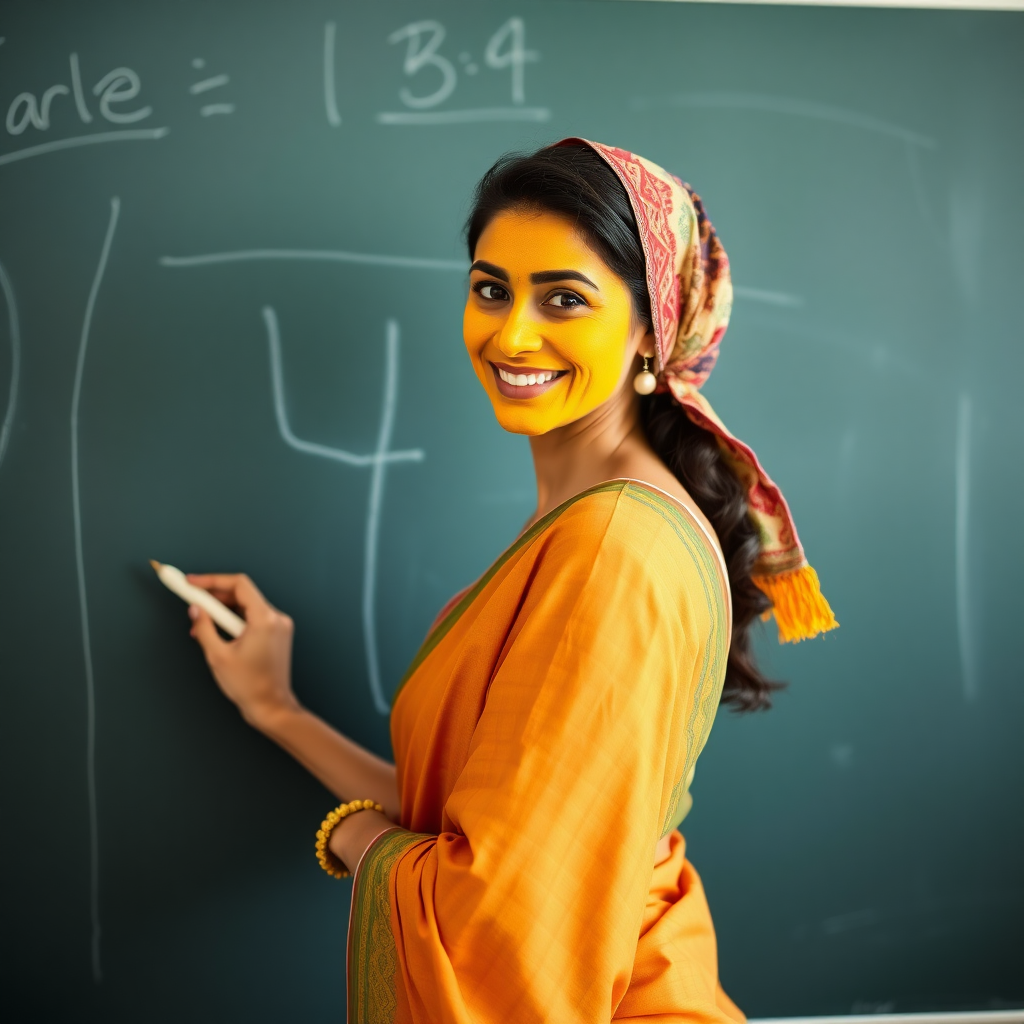 slim, 30 year old, sexy, french female school teacher, saree, scarf head, turmeric face mask. She is smiling and teaching on a blackboard.