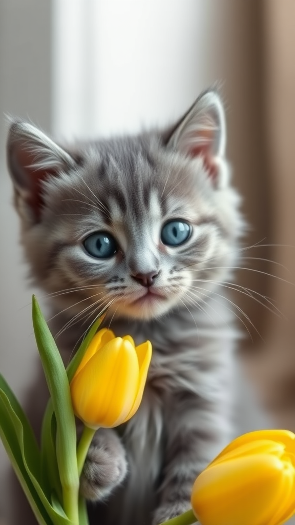 A gray kitten is holding a yellow tulip.