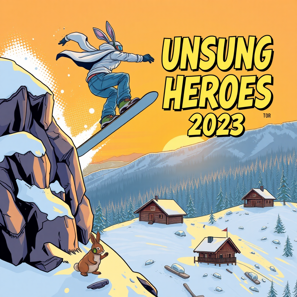 {
  "size": "1024x1792",
  "prompt": "A clean, modern comic book-style poster for the Unsung Heroes Tour 2025. The snowboarder is the main focus, seen from above, dramatically launching off a snow-covered rocky cliff into the unknown. The snowboarder should have no animal-like features (no bunny ears) and is about 1.5x the size of the snowshoe hare, which is much smaller and positioned far below in the background. The snowboarder's hero cape flutters behind them, adding a sense of adventure. A small snowshoe hare, significantly smaller than the snowboarder, is standing on its hind legs, wearing oversized headphones, looking up at the snowboarder from the ground with a comically exaggerated, awestruck expression. At the bottom of the hill is a rustic wooden lodge, clearly visible and representing the cozy, independent nature of the ski resort. The vibrant scene takes place during a sunrise, with warm, glowing colors filling the sky, enhancing the overall energy of the poster. The title 'Unsung Heroes Tour 2025' is clearly, accurately and prominently displayed in a bold, 3D comic book-style typeface. The overall style is clean, energetic, adventurous, and visually cohesive."
}