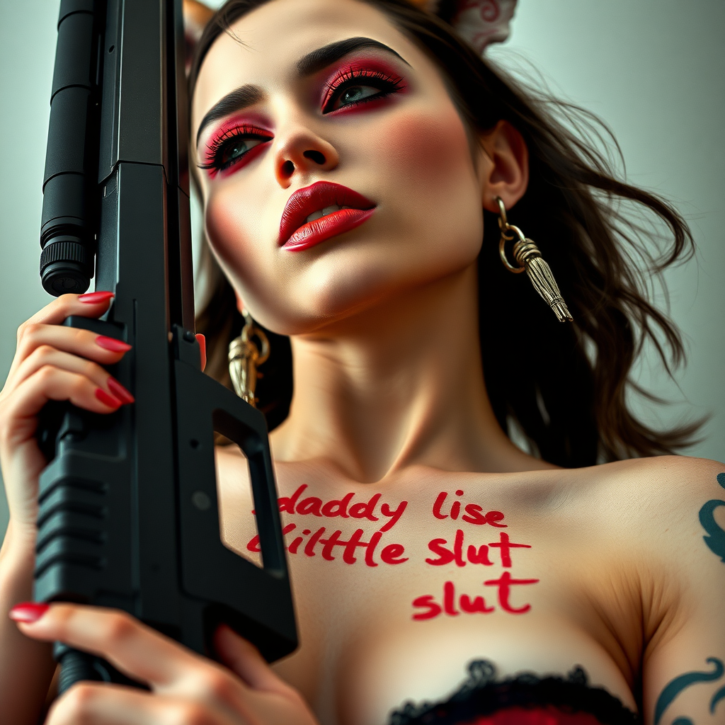 Full body shot, low POV, Real life photo of a cyberpunk prostitute, she has “daddy’s little slut” written on her skin with lipstick. She is holding a big gun, she has fox ears, tiny metal nipple tassels.