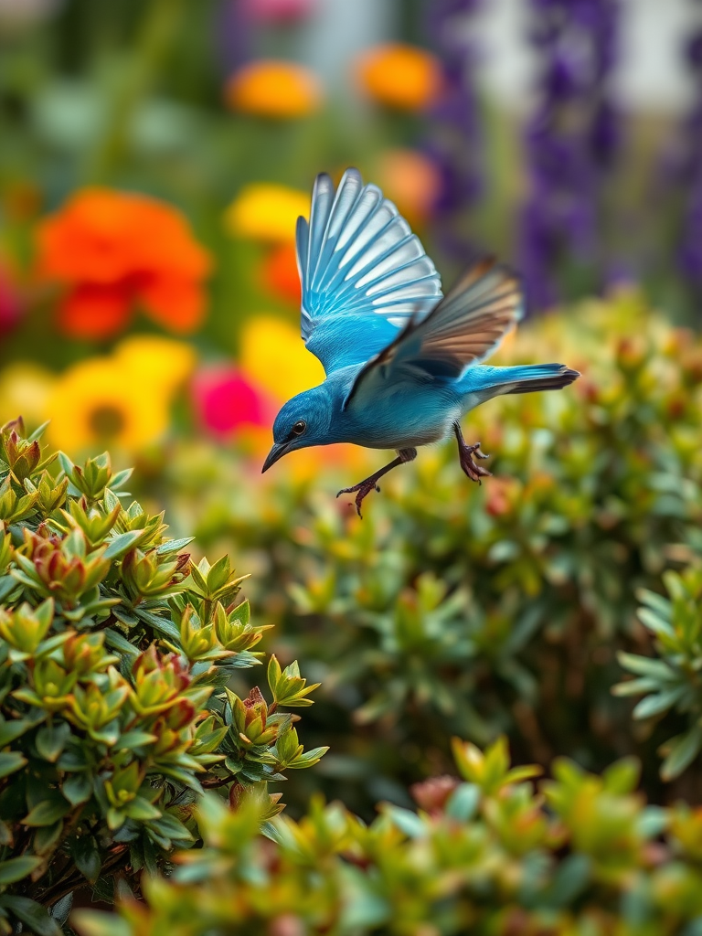 A realistic 4K scene of a Blue Bird flying low, gracefully maneuvering around bushes in a colorful garden while searching. The bird is depicted in vibrant detail, showcasing its feathers as it flits between the greenery, capturing the essence of determination and playfulness in this joyful moment.