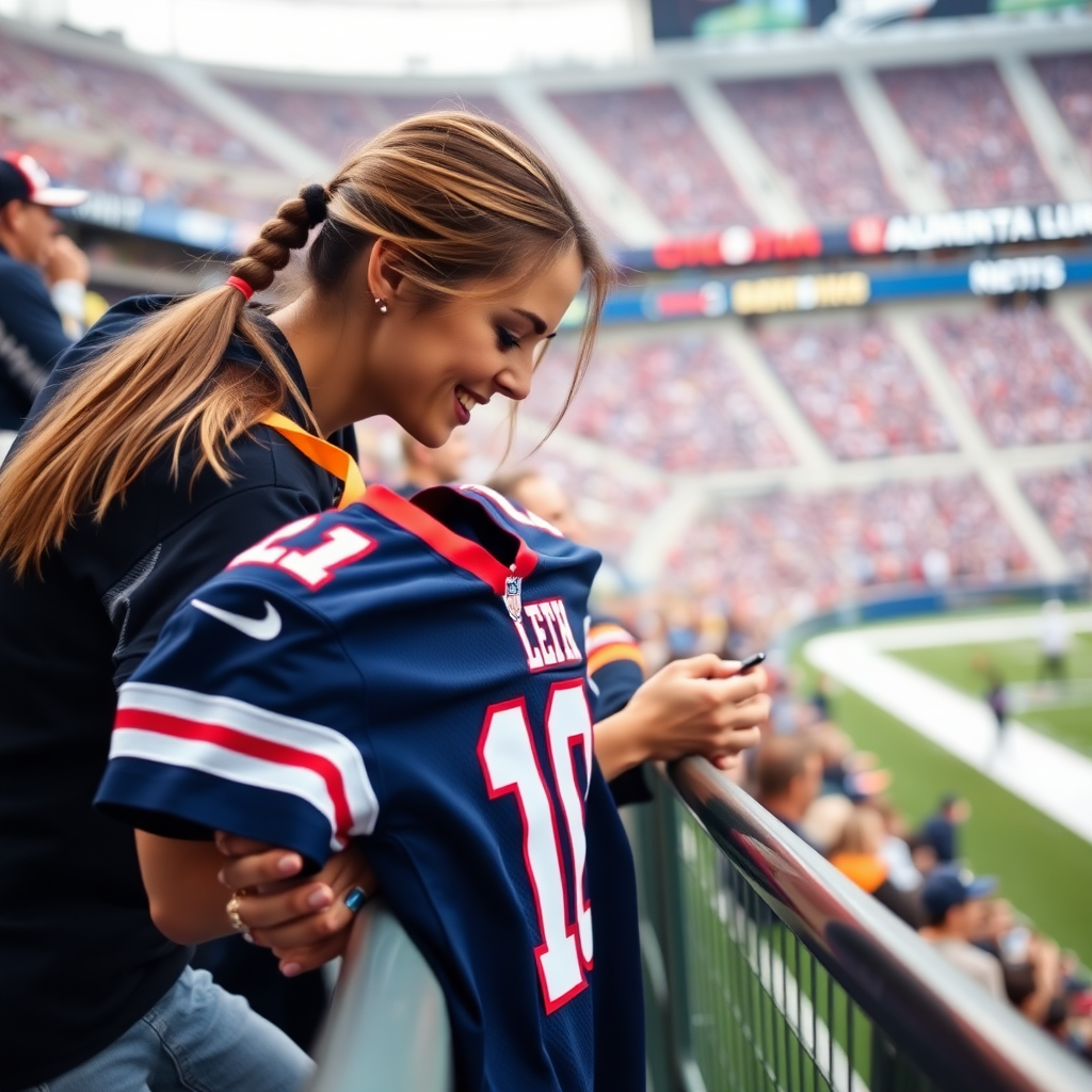 Attractive female NFL fan, pigtail hair, leaning forward over first row stadium barrier, next to field, handing a spare jersey, player autographs it.