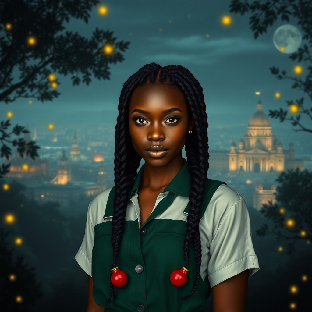 Create a realistic and detailed style image of a 25-year-old woman with ebony skin. His eyes are light brown in color. Her hair is slightly wavy and tied in two braids. She has delicate features and her face is strong and cute at the same time. She wears a green jumpsuit and a white blouse underneath. His skin appears to have a slight wooden appearance. It's in the middle of a dark forest, lit by fireflies that glow softly. In the background, a city with fantastic architecture, giving a magical touch to the scene. The image must be realistic style, capturing every detail with precision and 8k quality. It looks like a photograph." Extremely realistic. 25 years old. At the end of her braids there are two cherry-shaped elastics. Beautiful. Beautiful. Extremely realistic. Beautiful appearance.