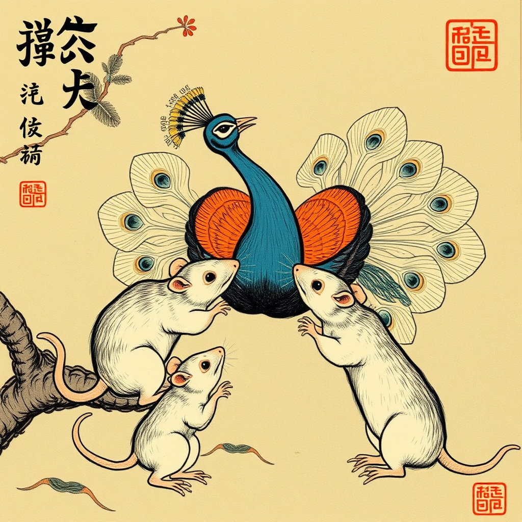 A peacock fighting rats, Chinese woodcut, Catholic