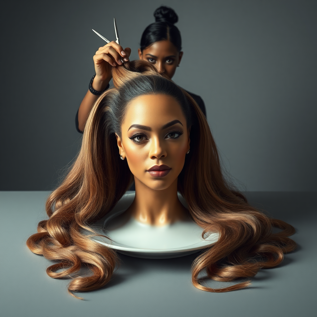 In a surreal and provocative scene, a beautifully tethered, disembodied head of Beyoncé rests gracefully on an elegant porcelain plate, her long, luxurious hair cascading like a waterfall of silky strands around the edges, creating a striking contrast against the stark, muted gray background. The sheen of her skin glows softly, exuding an air of ethereal beauty, while her chin rests directly on the plate, poised and serene. Behind her, a skilled hairdresser, clad in chic black attire, stands with a focused expression, gently teasing and arranging her magnificent hair with nimble fingers, creating intricate patterns that defy gravity. The atmosphere is oddly intimate yet surreal, blending an appreciation of beauty with an unsettling twist, as soft light casts subtle shadows, enhancing the textures of both hair and porcelain. The air is filled with a quiet stillness, broken only by the subtle sound of the hairdresser’s scissors snipping rhythmically and the faint fragrance of hair products mingling with the cool air, heightening the unusual but captivating atmosphere of the scene.