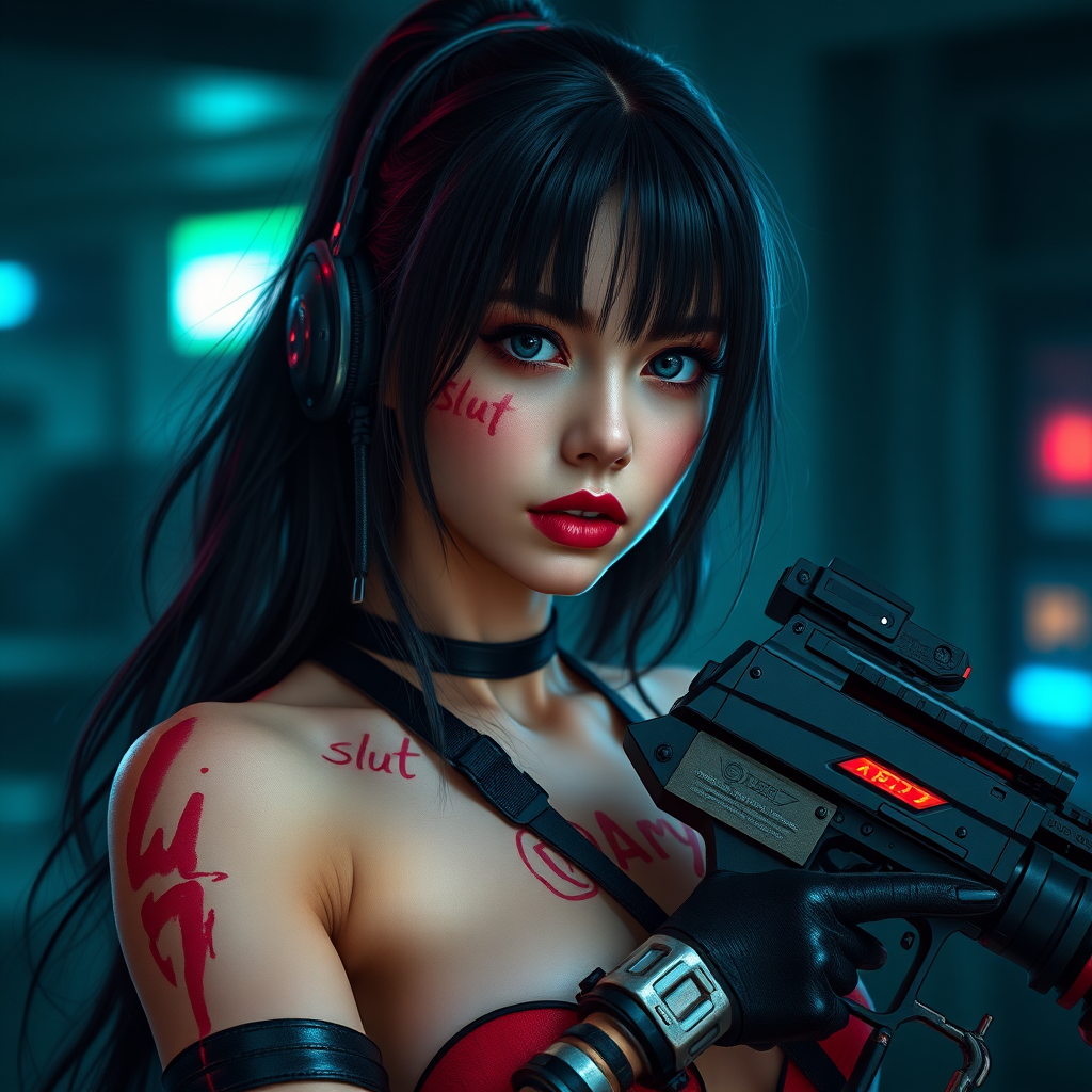 Real detailed full body photo of Sexy cyberpunk waifu, real life, “slut” written in lipstick on her skin, she is holding a huge gun