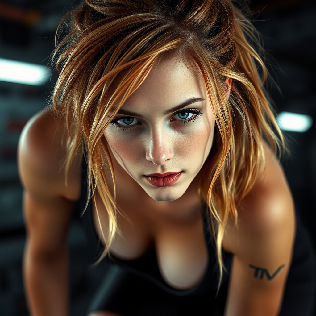 A girl resembling Ana de Armas, messy strawberry blonde hair, athletic, bent over, science fiction setting. Pale skin, freckles, eyeshadow like Avril Lavigne.