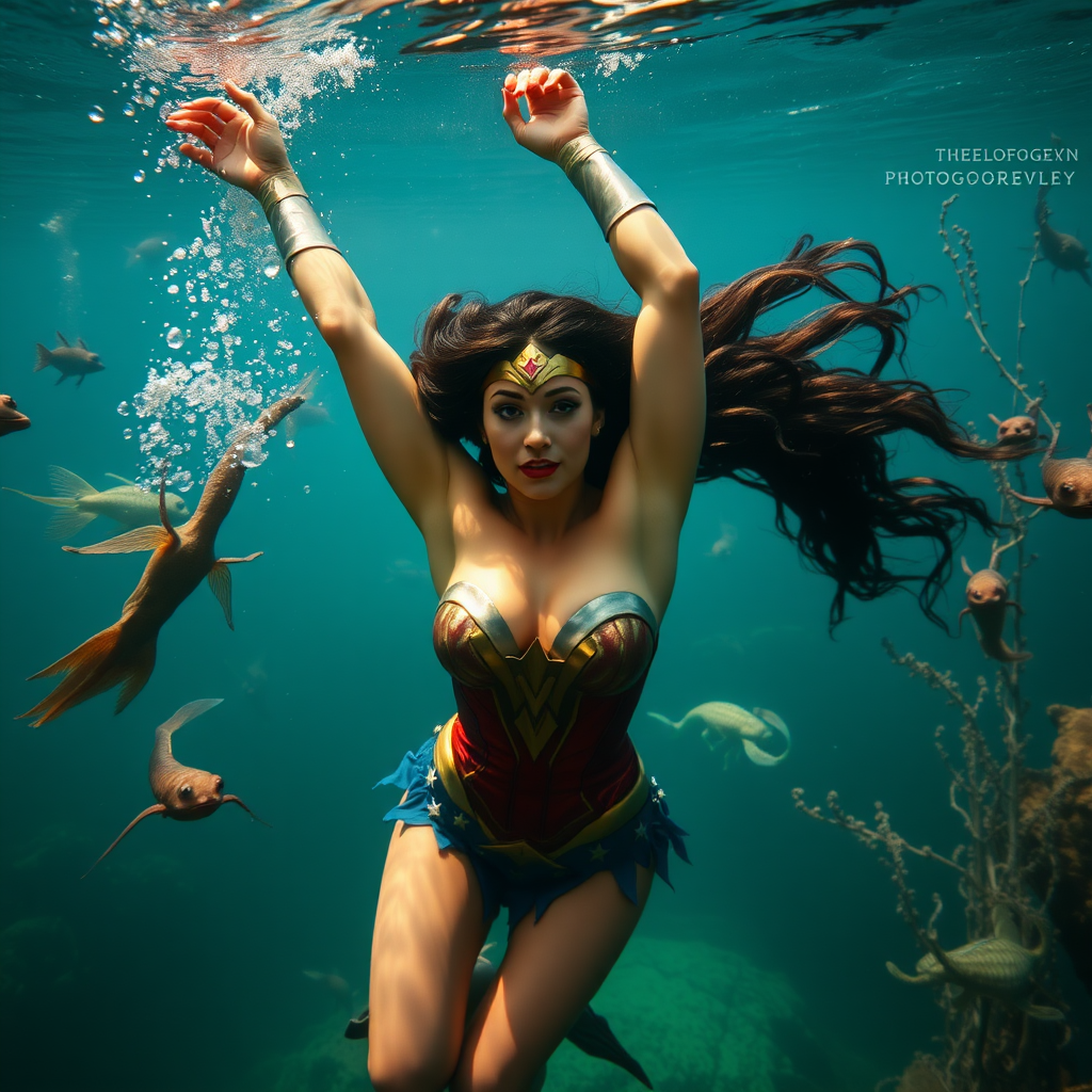 Wonder Woman as a burlesque dancer she's floating underwater surrounded by sea creatures and plant life. Her graceful arms float above her head. In the photographic style of Richard Fegley on DSLR.