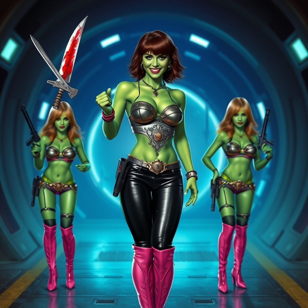 Tall, beautiful green skinned woman. Her brown hair is in a shag-cut style. Her eyes are gold. She is dressed in an ornate metal bra. She is wearing black leather pants, with pink knee high boots. She is holding a large, bloody dagger in a threatening manner. She is smiling. A sci-fi looking gun is holstered at her hip. Four other green-skinned woman, dressed in metal bikinis, each carrying a weapon, stand with her. They are at a sci-fi looking space-port.