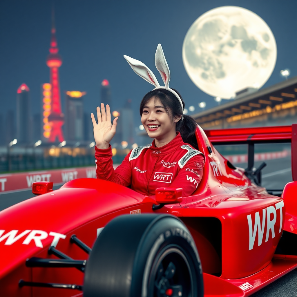 In Shanghai, at the racetrack, a red formula racing car with only "WRT" written on it, a beautiful Chinese female racer with rabbit ears on her head sits in the car, happily laughing and waving her hand. Her red racing suit also only has "WRT" written on it, and the background features a super large moon.