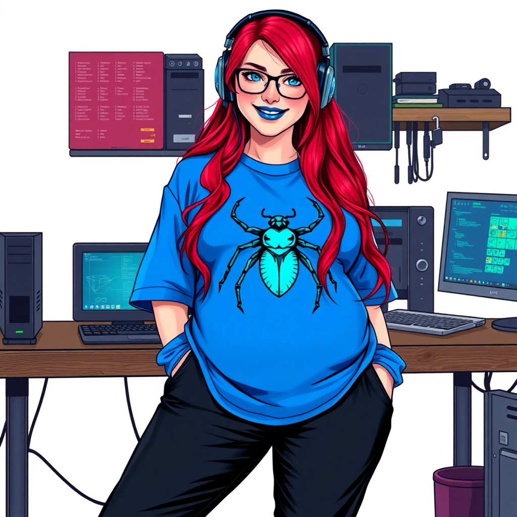 A cyberpunk vigilante's 28-year-old computer science major, nerdy, full-figured, heavily pampered computer hacker and tech-wiz girlfriend with long, ruby red hair. She wears maximum blue lipstick and has bright blue eyes. Her outfit includes an oversized maximum blue t-shirt (accentuating her prominent gargantuan midsection) featuring a maximum blue gemstone beetle chest emblem. She sports black eyeglasses, black sweatpants, a sapphire headset with a maximum blue lensed HUD, with a beaming smile and neon red blush. Her full figure (especially her gargantuan midsection) shows the heavy extent of her doting pampering. As her boyfriend's tech-wiz, she primarily works in his hideout, operating from her workbench and her computer desk. The background is solid white. She has a prominent, round, gargantuan midsection. She is drawn as if she was in a retro 2D cyberpunk fighting game.