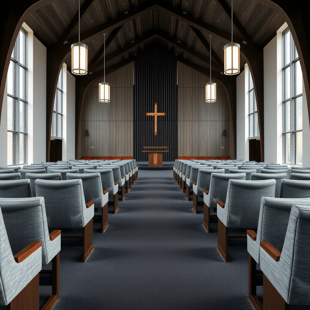 Give me grey fabric pews with a dark wooden frame that are inside a big modern church. The carpet of this church is dark grey. glass pulpit