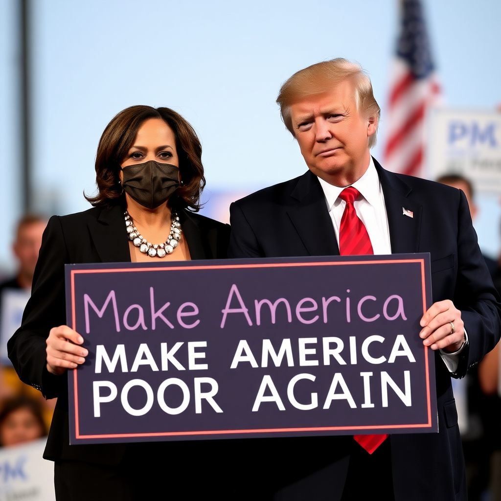 Kamala Harris and Donald Trump together holding a sign with text "Make America Poor Again".