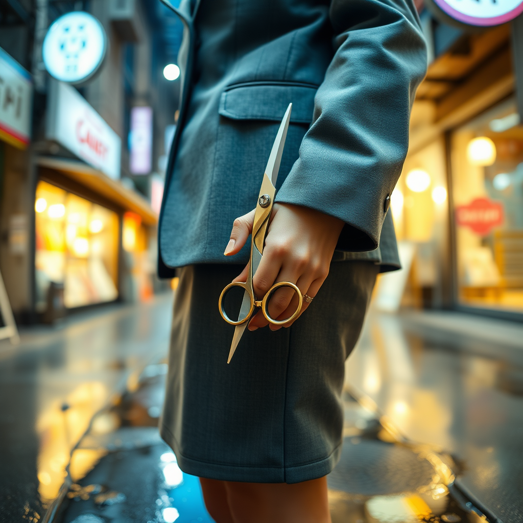 Camera focuses on the lower portion of a young Japanese businesswoman who wears a grey blazer and grey skirt. She grips and holds a pair of scissors at her side, the blades pointed to the ground. The scissors gleam from the lights of the shops in the surrounding alleyway. The lights of the shops are reflected in the rain puddles of the alleyway.