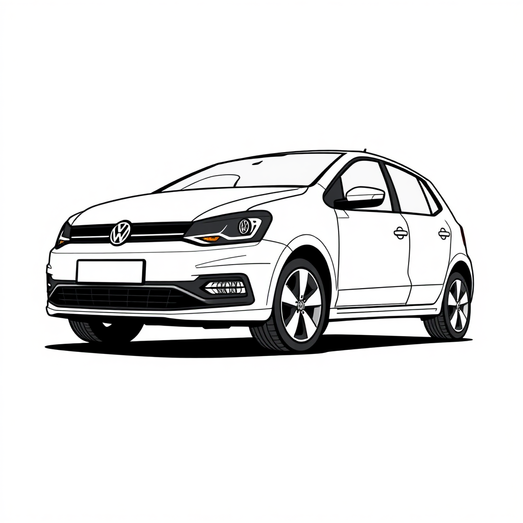 a white VW Polo V long establishing shot, 2D, caricature, cartoon, Sketch lines, coloring book, coloring book style on white background, well composed, clean coloring book page, No dither, no gradient, strong outline, No fill, No solids, vector illustration, side view, vector illustration, movement lines